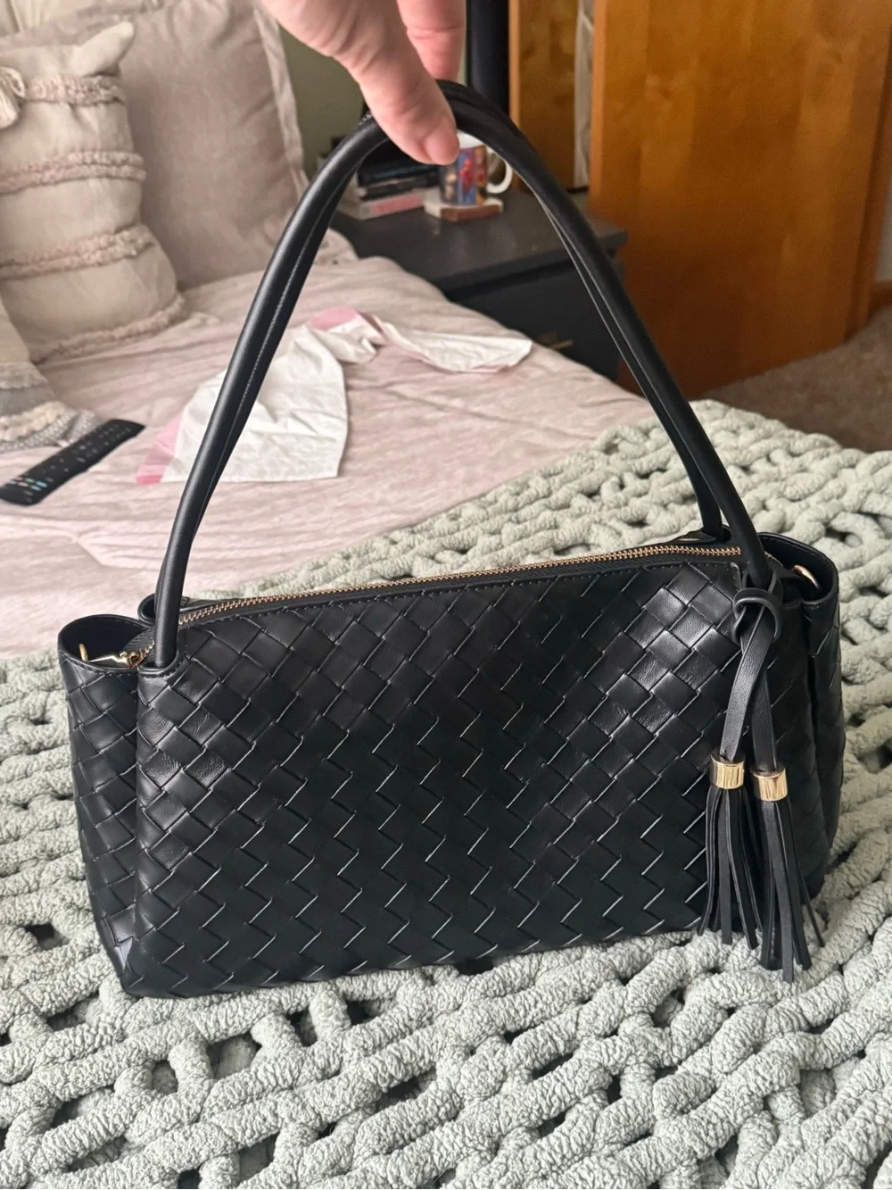 Ello Black Woven Tote w/ Tassel Charms & Crossbody Strap — EUC - Picture 3 of 15